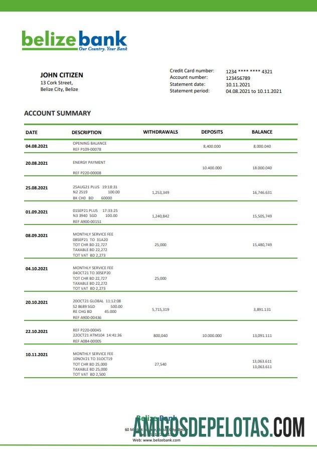 Exemplo de extrato bancário de Belize